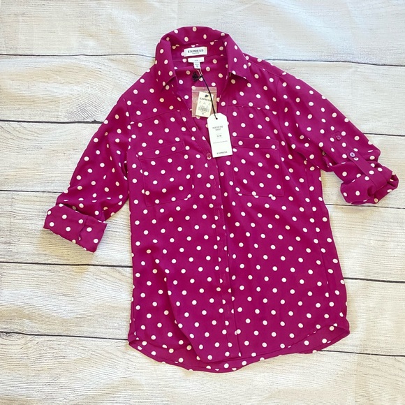 Express Tops - Express Purple polka dot button up
